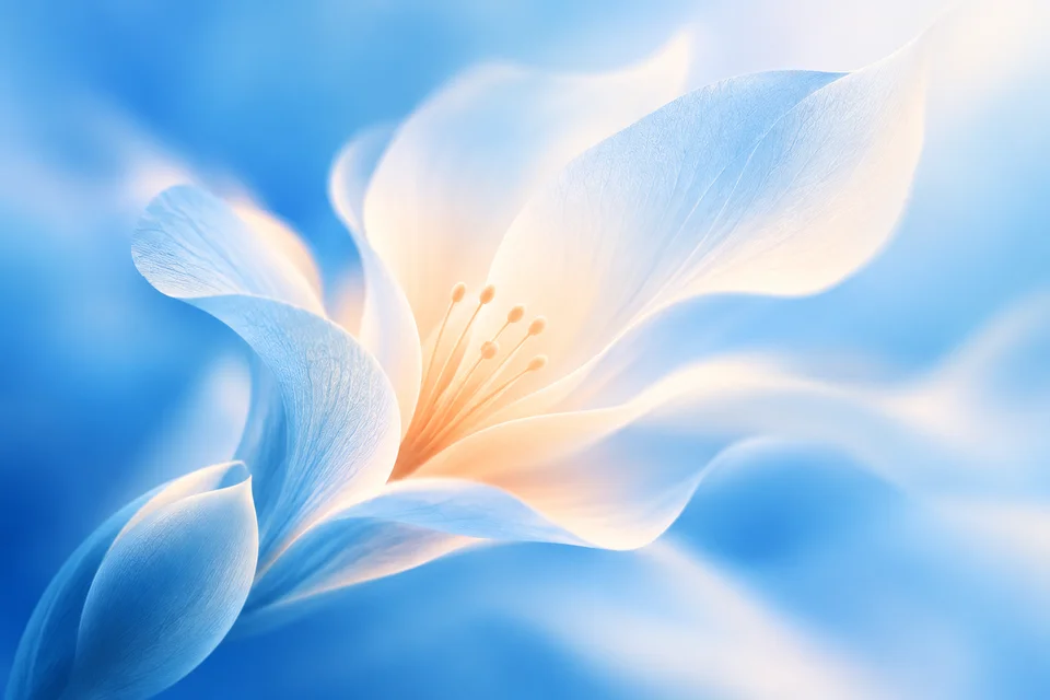 Flor azul e branca se abrindo a partir de um botão, com miolo pêssego